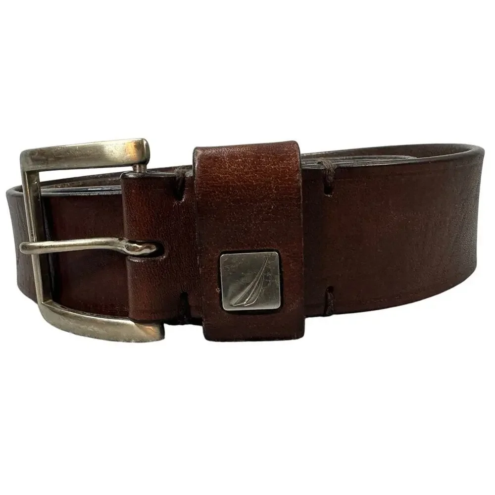 Nautica Brown Leather Belt Silver Sailboat Hardware Size 40